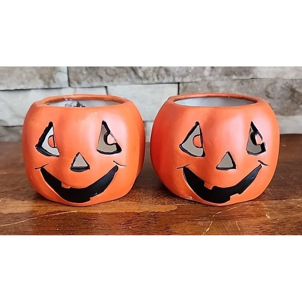 Hermitage Pottery Halloween Pumpkin / Jack O Lantern Votive Holder Set Of 2
